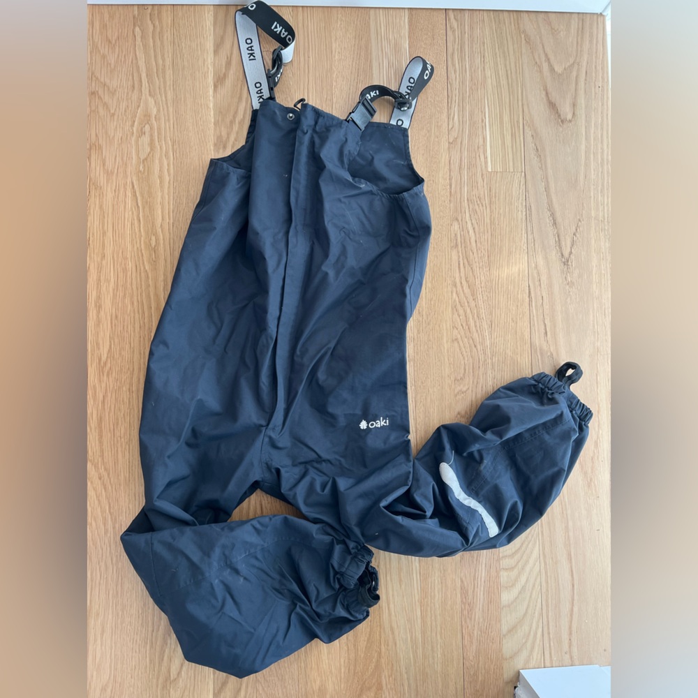 Oaki Navy Blue waterproof bib overall rain pants, kids size 10-11, EUC